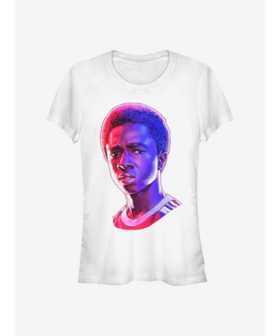 Stranger Things Lucas Neon Face Girls T-Shirt $9.46 T-Shirts