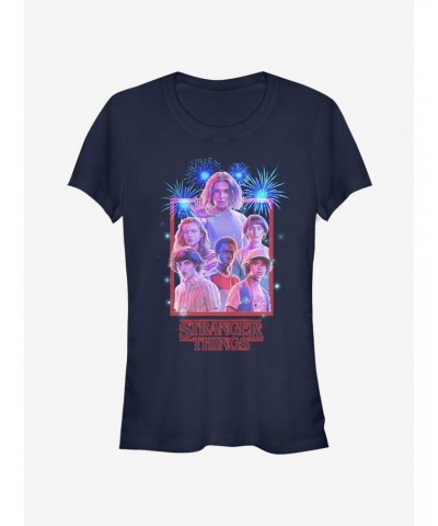 Stranger Things Group Fireworks Girls T-Shirt $8.22 T-Shirts